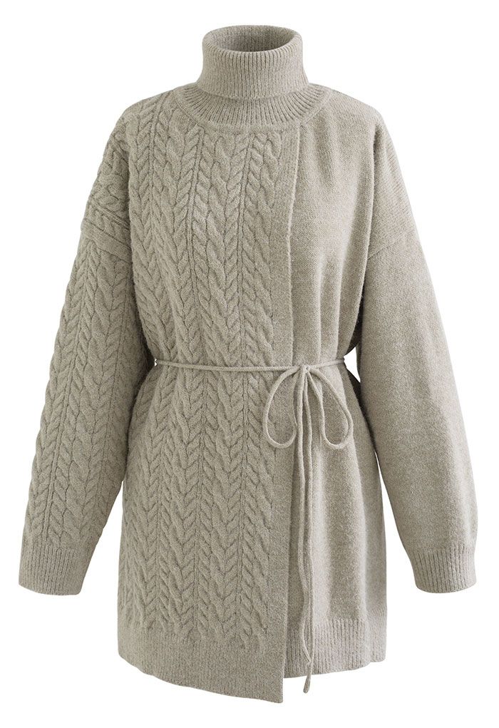 Turtleneck Flapped Braid Knit Longline Sweater in Taupe