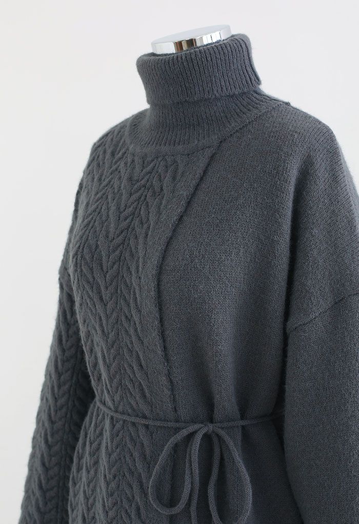 Turtleneck Flapped Braid Knit Longline Sweater in Smoke