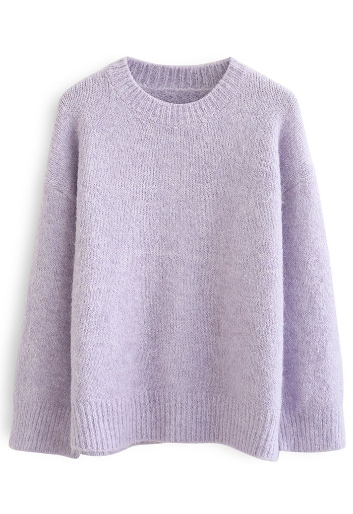 Solid Color Comfy Fuzzy Knit Sweater in Violet