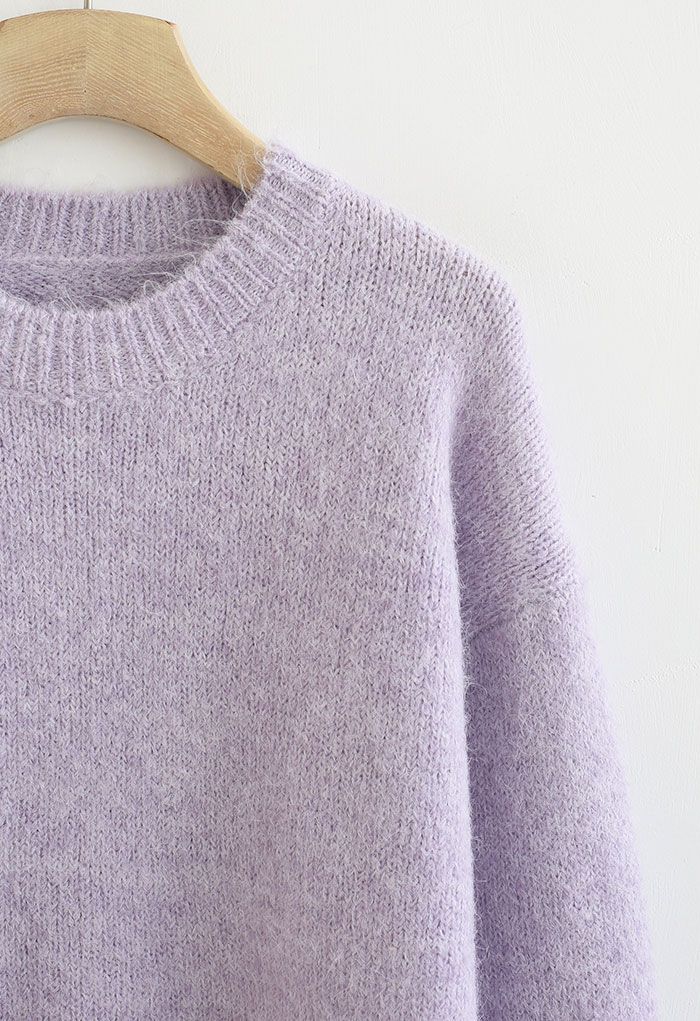 Solid Color Comfy Fuzzy Knit Sweater in Violet