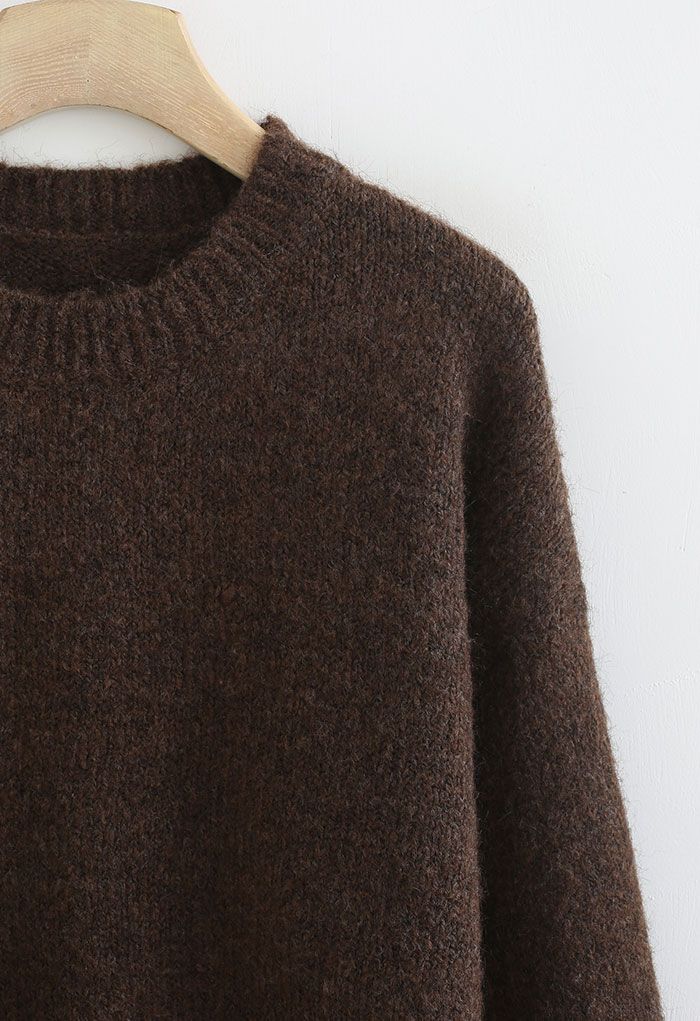 Solid Color Comfy Fuzzy Knit Sweater in Brown