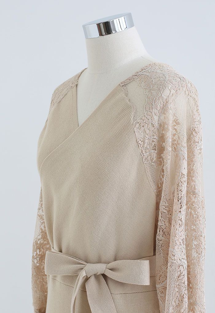 Lacy Sleeve Wrapped Knit Dress in Camel