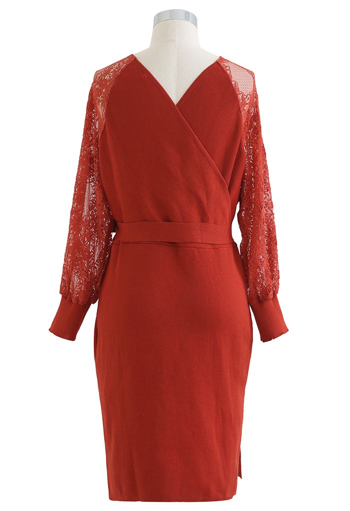 Lacy Sleeve Wrapped Knit Dress in Red