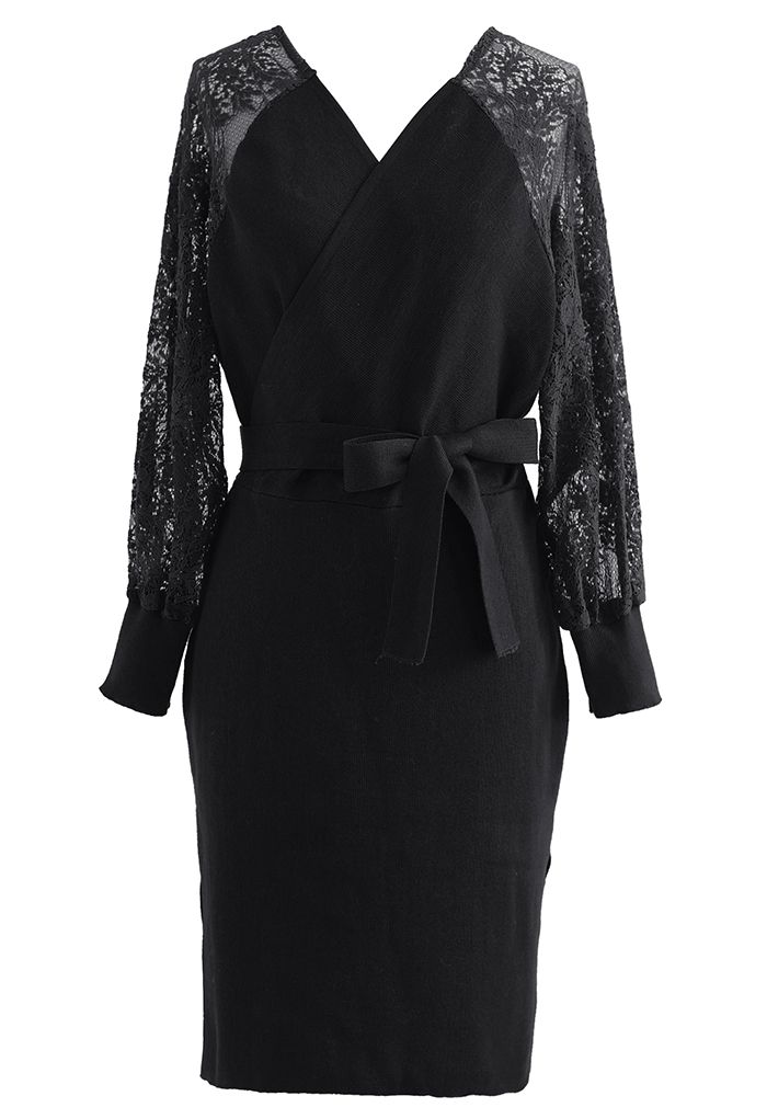 Lacy Sleeve Wrapped Knit Dress in Black