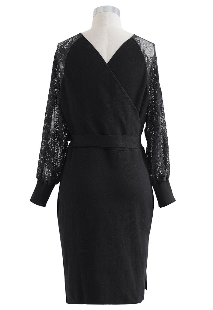 Lacy Sleeve Wrapped Knit Dress in Black