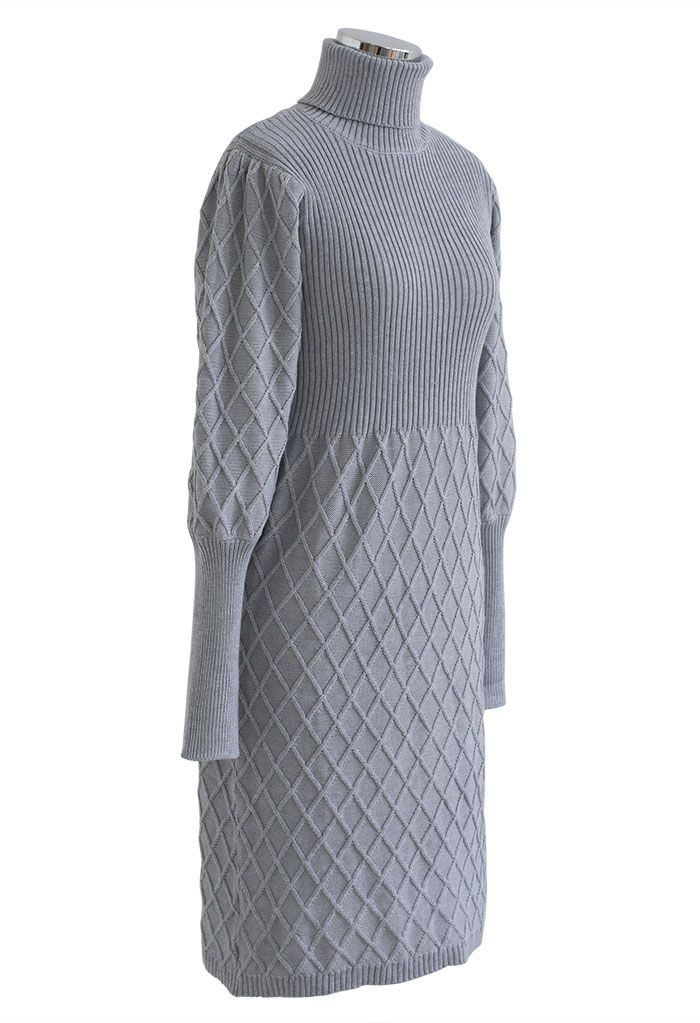 Turtleneck Puff Sleeve Diamond Knit Dress in Dusty Blue