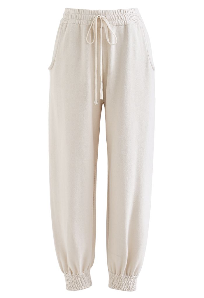 Knitted Drawstring Waist Tapered Joggers in Ivory - Retro, Indie and ...