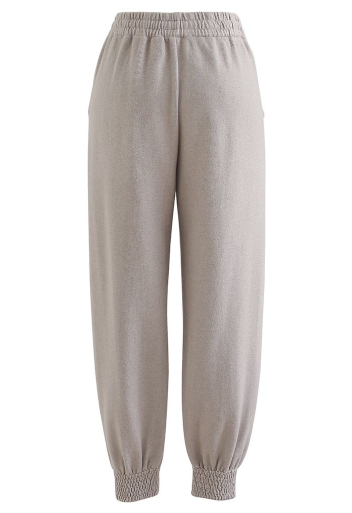Knitted Drawstring Waist Tapered Joggers in Sand