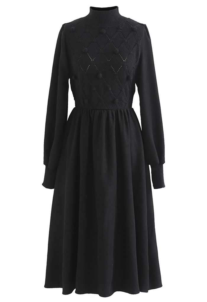 Pom-Pom Diamond Knit Spliced Dress in Black