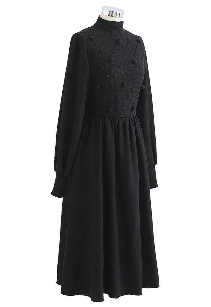Pom-Pom Diamond Knit Spliced Dress in Black
