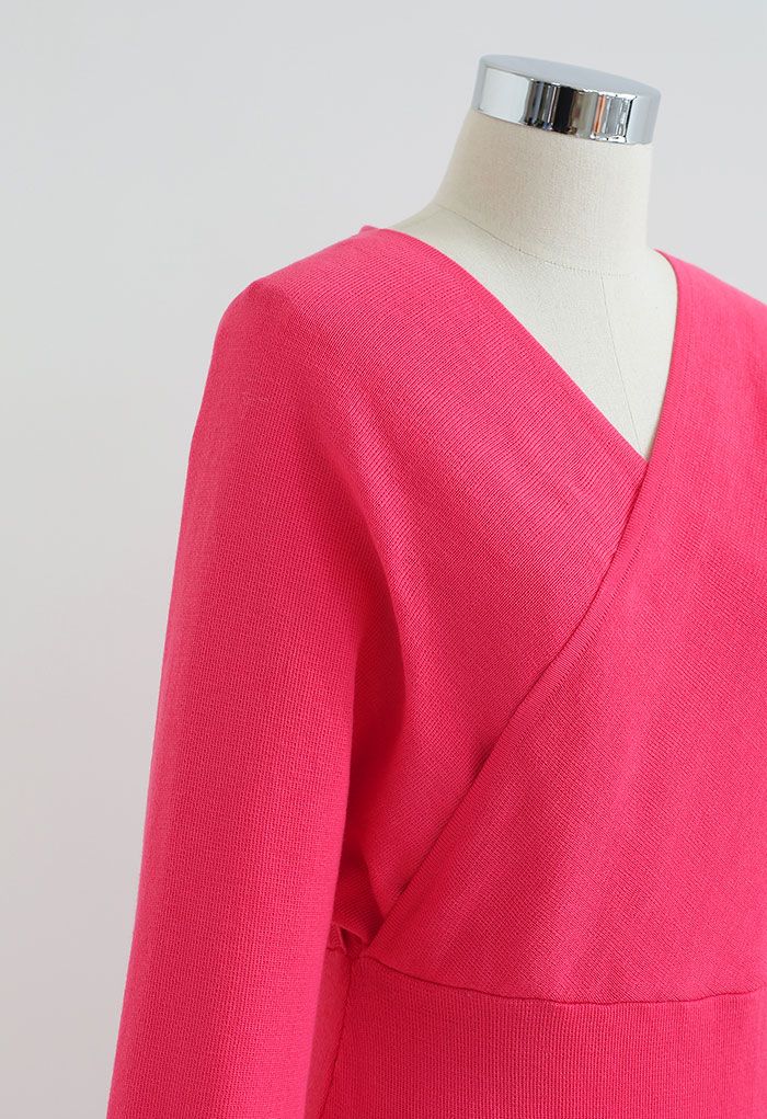 Batwing Sleeve Wrapped Midi Knit Dress in Hot Pink