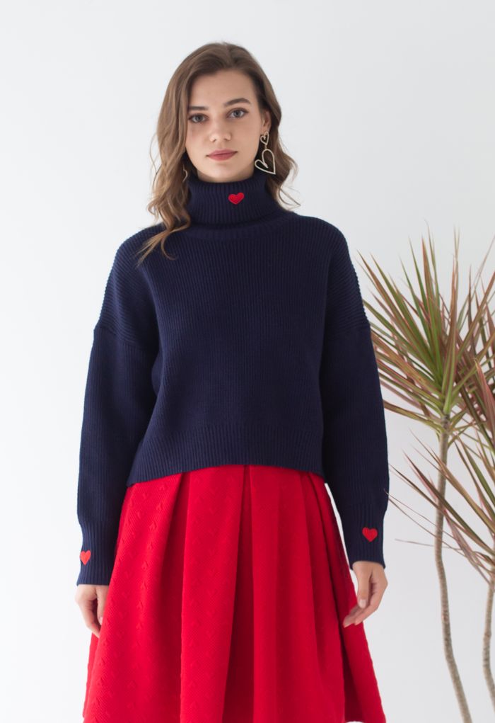 Embroidered Red Heart Turtleneck Crop Sweater in Navy