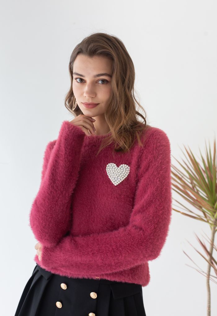 Pearly Heart Patch Soft Fuzzy Knit Sweater in Berry