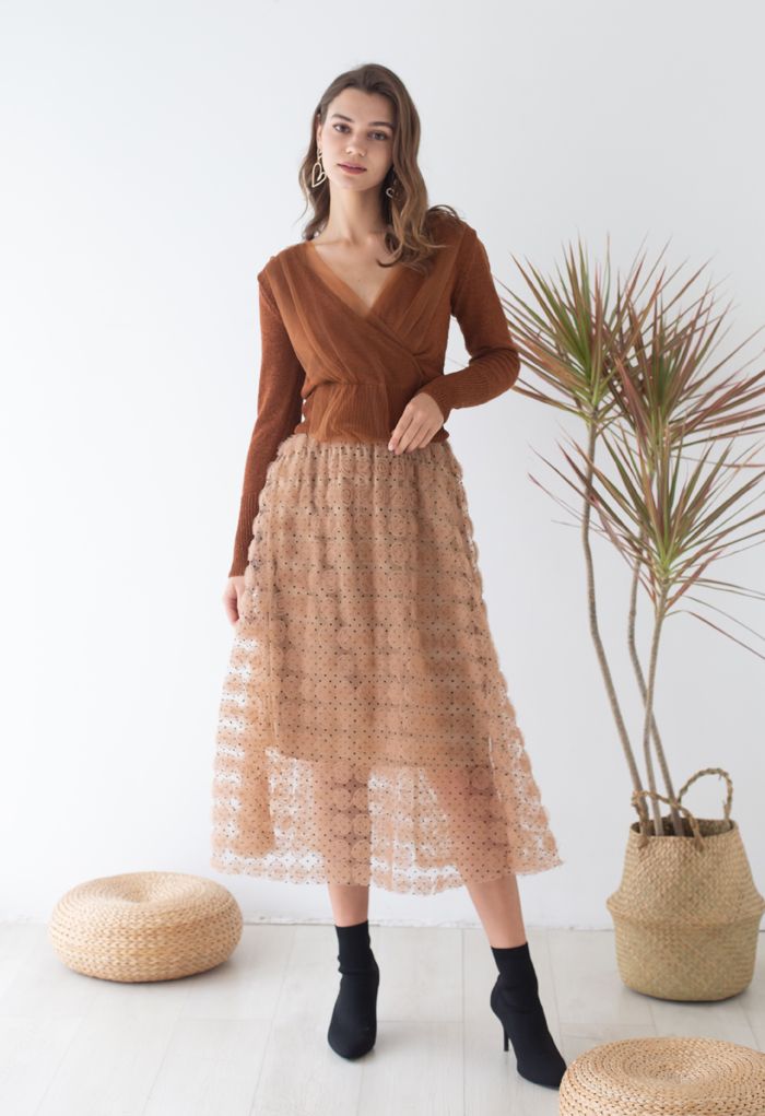 3D Rose Mesh Tulle Midi Skirt in Caramel
