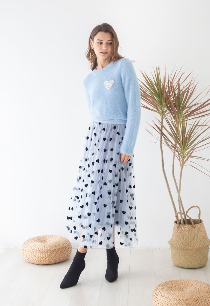 Pearly Heart Patch Soft Fuzzy Knit Sweater in Blue