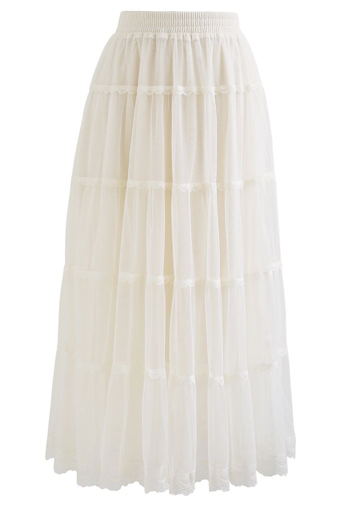 Scalloped Lace Double-Layered Mesh Tulle Skirt in Cream - Retro, Indie ...