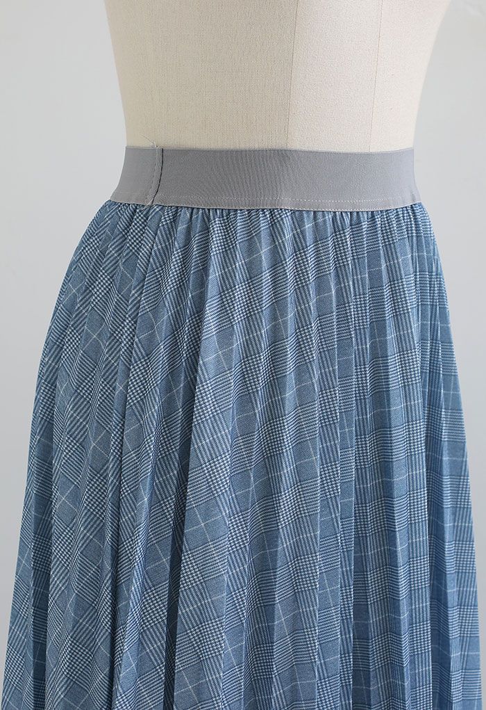 Blue Check Print Pleated Midi Skirt