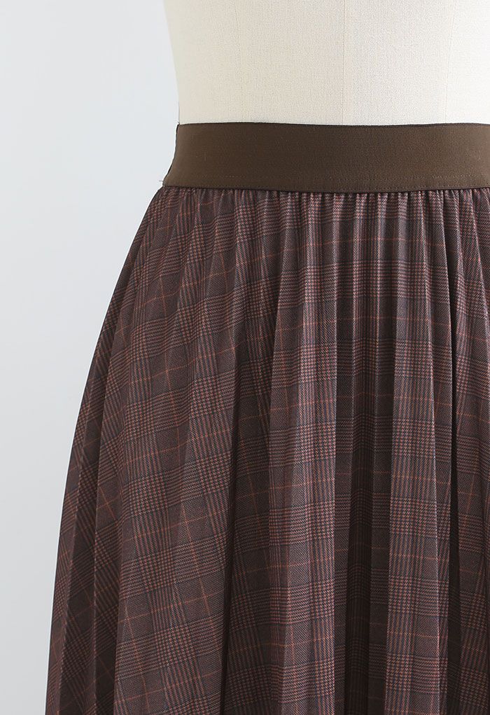 Brown Check Print Pleated Midi Skirt - Retro, Indie and Unique Fashion