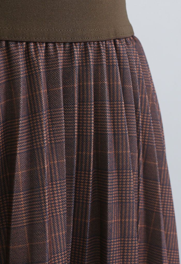 Brown Check Print Pleated Midi Skirt