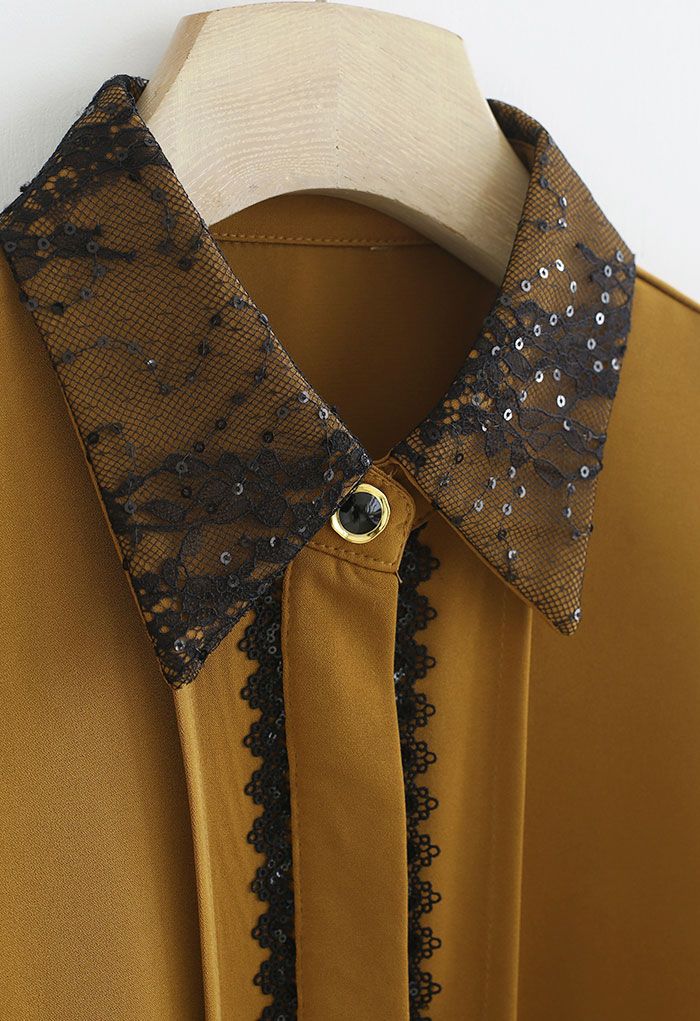 Lace and Sequin Embellished Button Down Shirt in Caramel