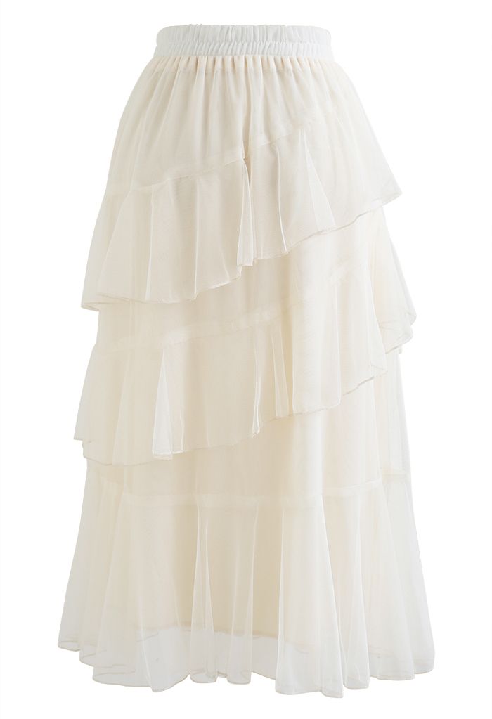 Airy Tiered Ruffle Mesh Tulle Midi Skirt in Cream - Retro, Indie and ...