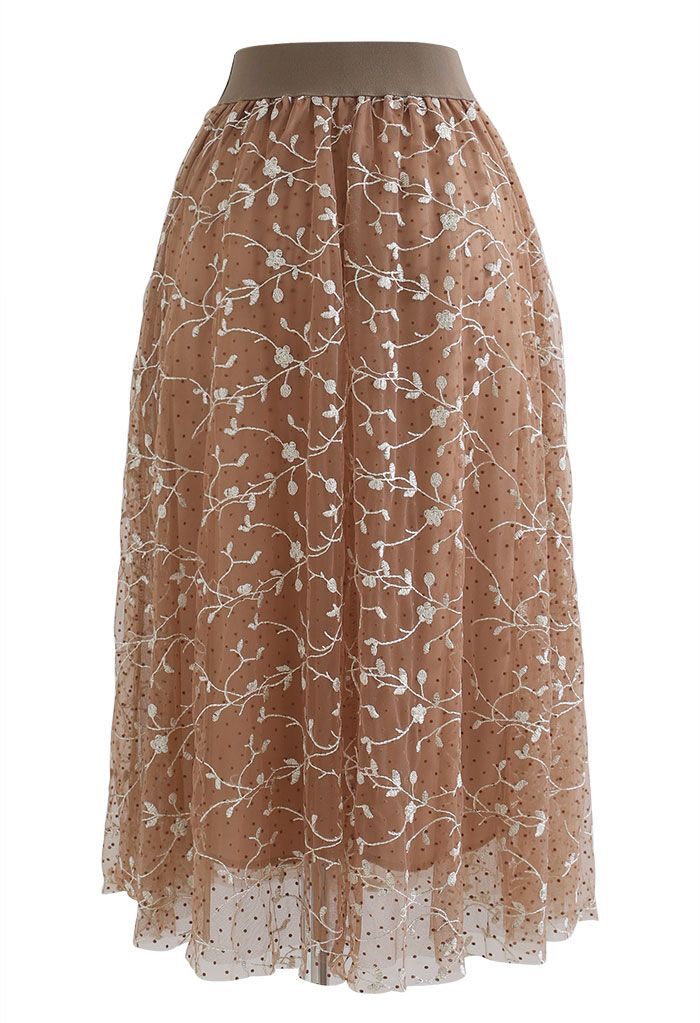 Embroidered Vine Flock Dots Mesh Midi Skirt in Caramel