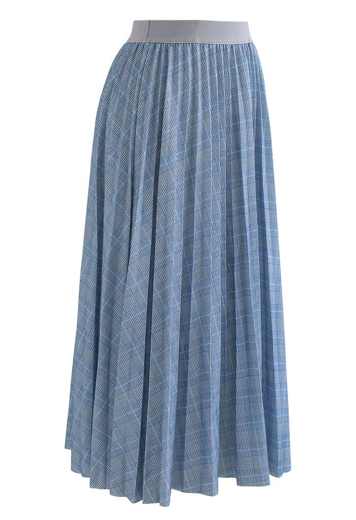 Blue Check Print Pleated Midi Skirt - Retro, Indie and Unique Fashion