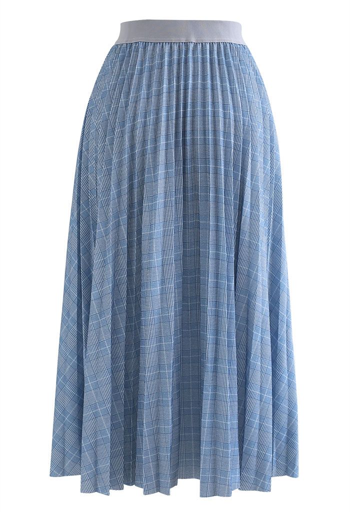 Blue Check Print Pleated Midi Skirt - Retro, Indie and Unique Fashion