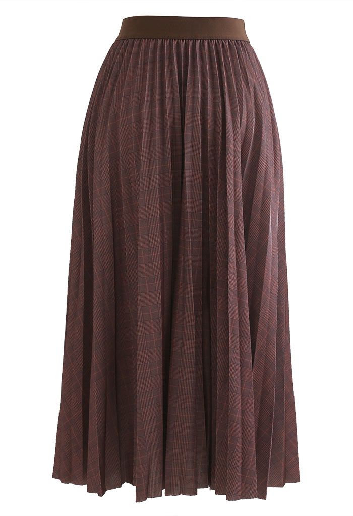 Brown Check Print Pleated Midi Skirt