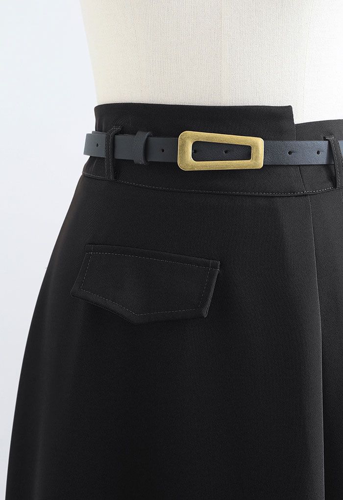 Half Pleat High-Waisted Belted Skirt in Black