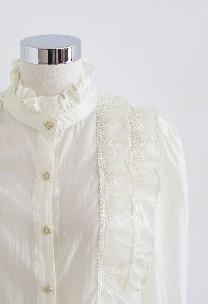 Scalloped Crochet Ruffle Semi-Sheer Shirt in Cream