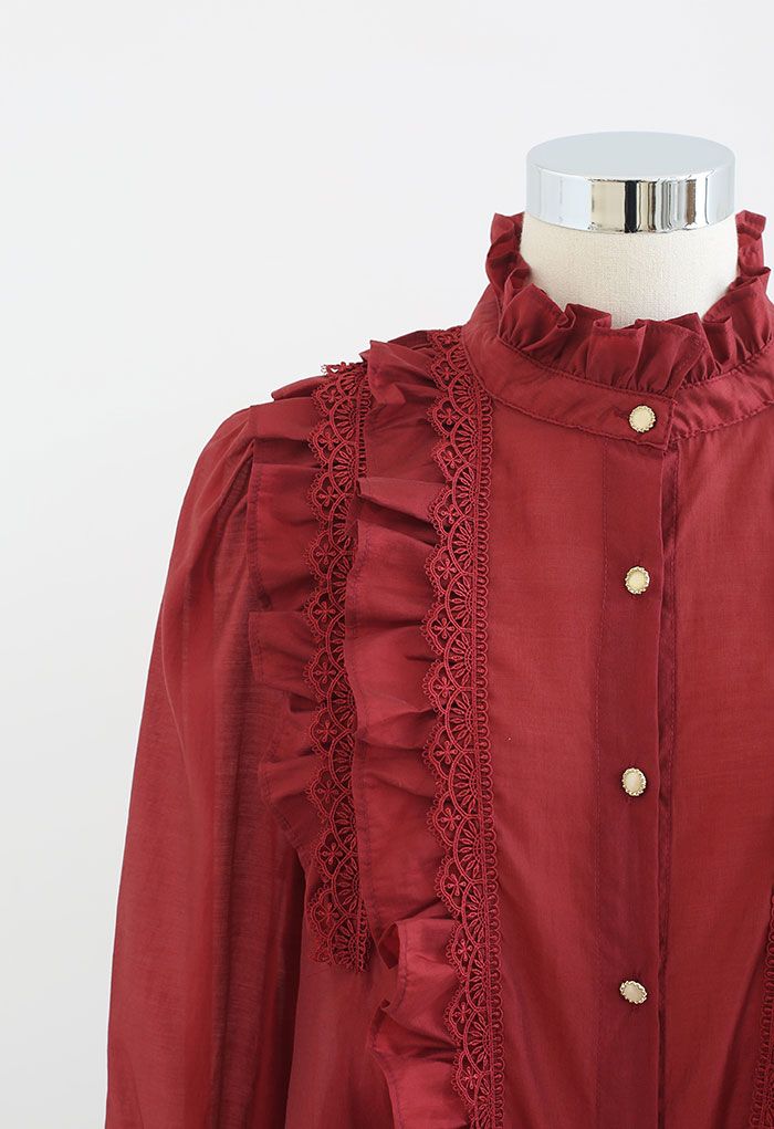 Scalloped Crochet Ruffle Semi-Sheer Shirt in Red