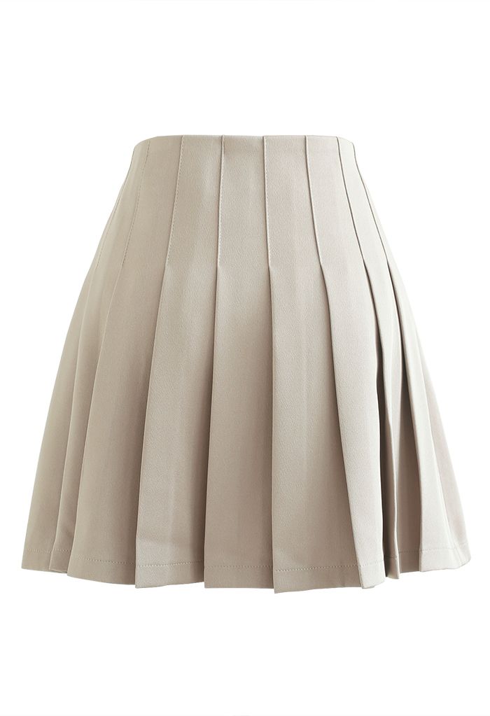 Crystal Chain Decorated Pleated Flap Mini Skirt in Sand