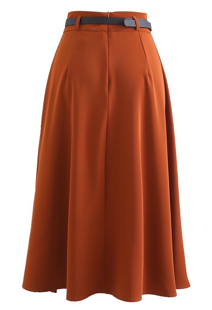 Half Pleat High-Waisted Belted Skirt in Rust Red - Retro, Indie and ...