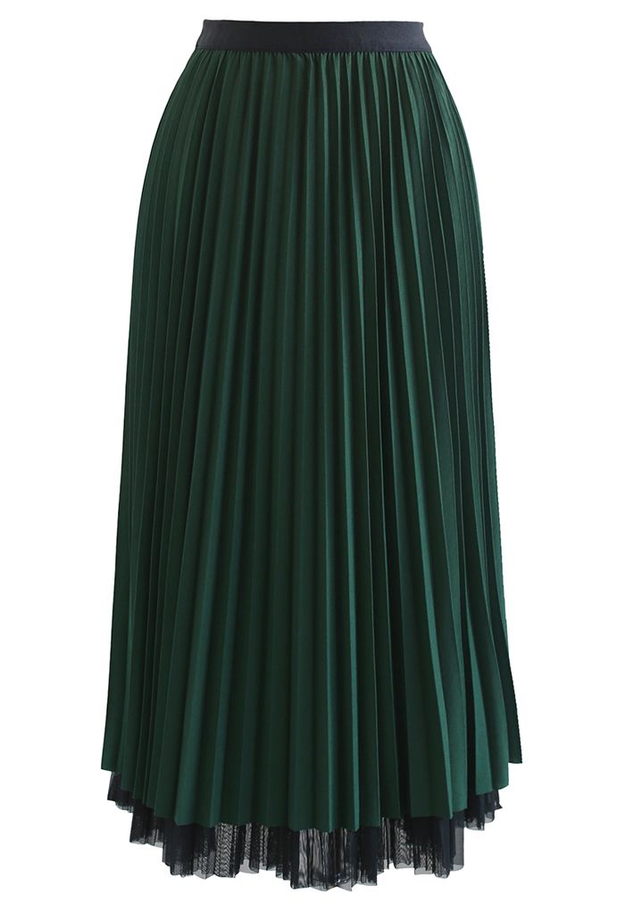Reversible Diamond Trim Hem Mesh Pleated Skirt in Green