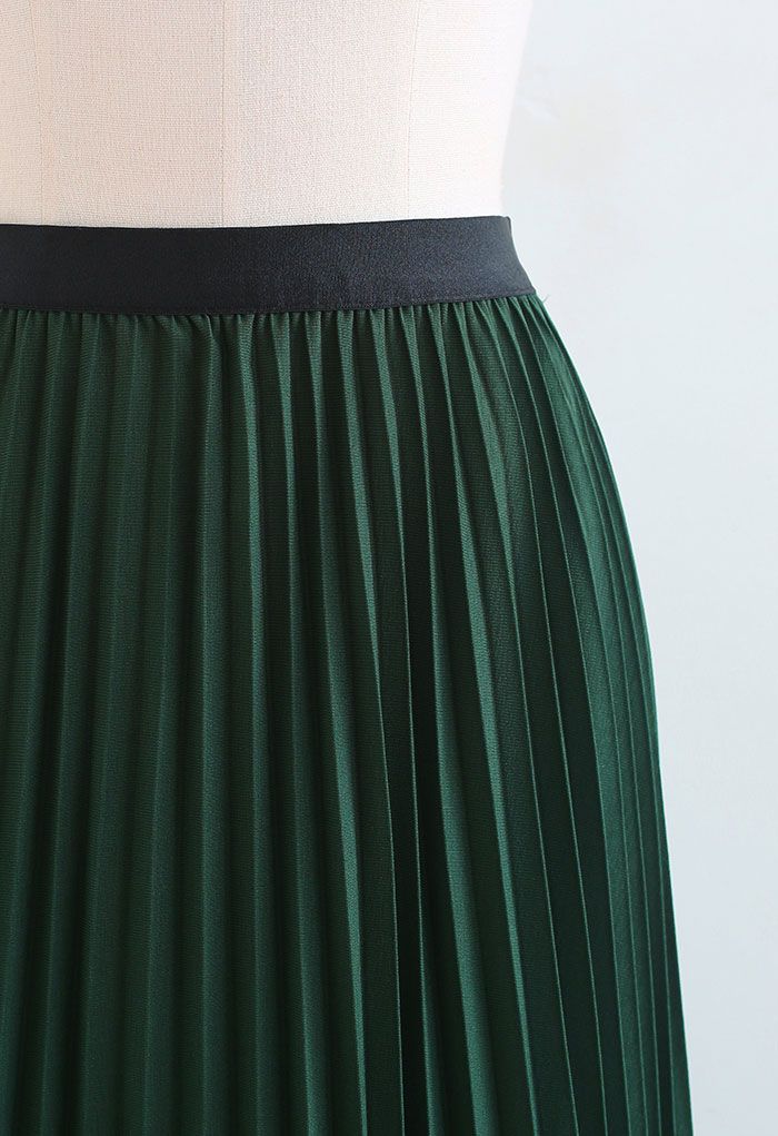 Reversible Diamond Trim Hem Mesh Pleated Skirt in Green