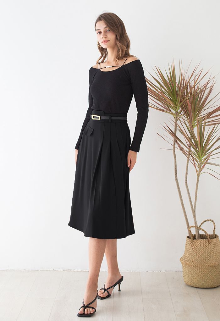 Half Pleat High-Waisted Belted Skirt in Black