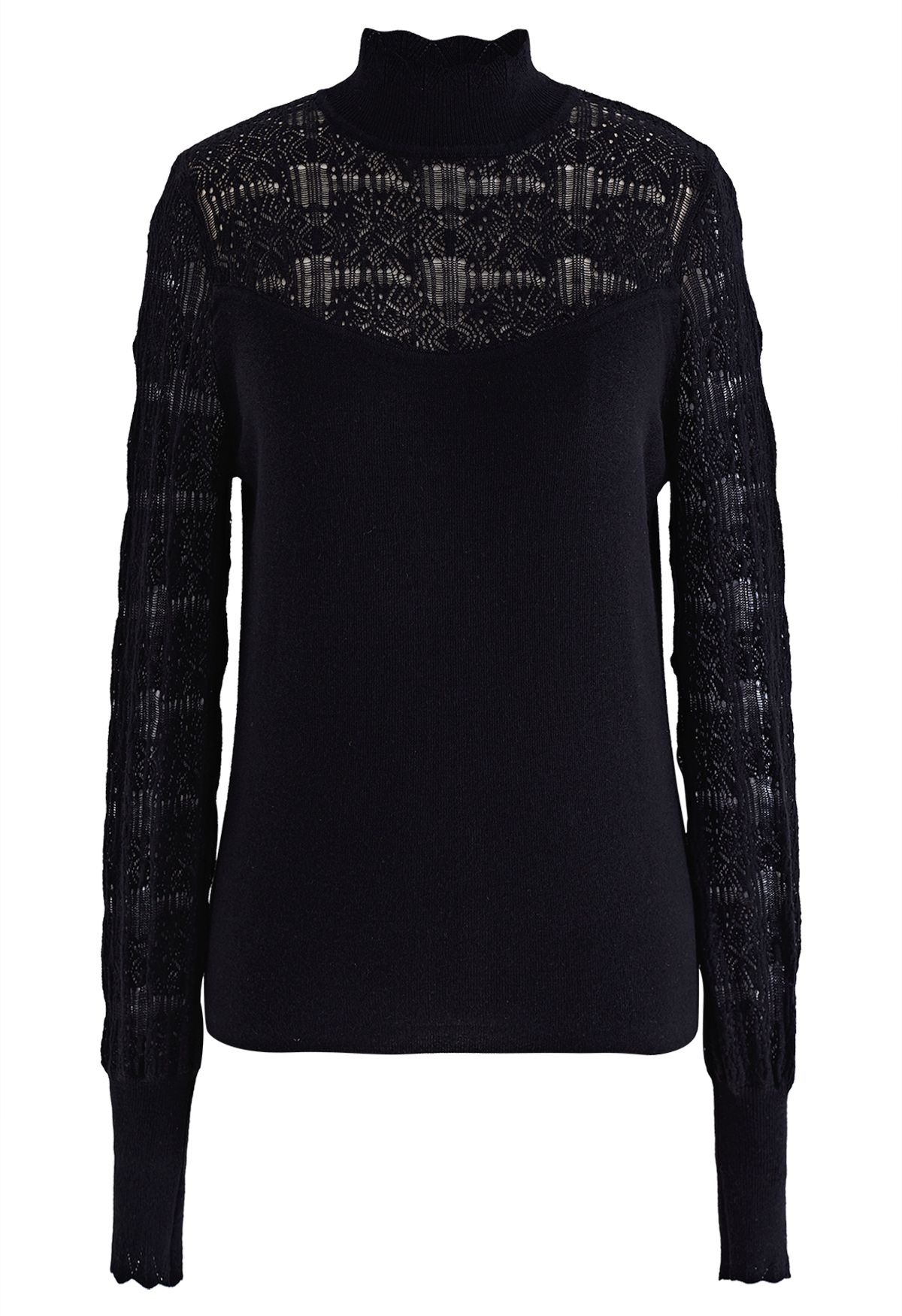 Mock Neck Pointelle Knit Top in Black - Retro, Indie and Unique Fashion