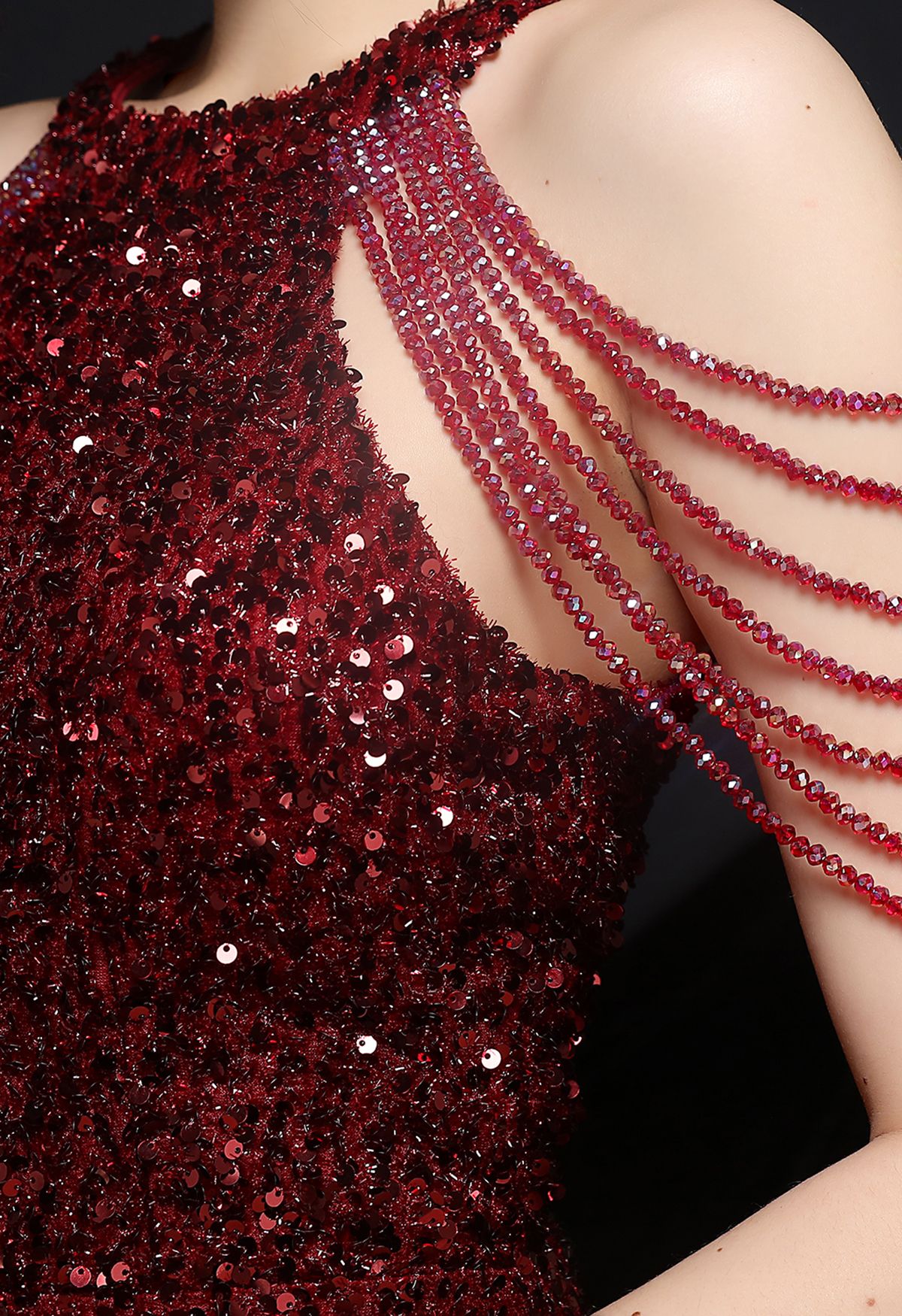 Sequins Halter Neck with Beads Cocktail Dress in Burgundy