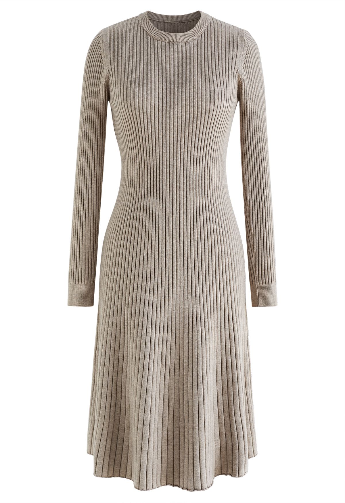 Ribbed Texture Frilling Midi Dress in Taupe - Retro, Indie and Unique ...