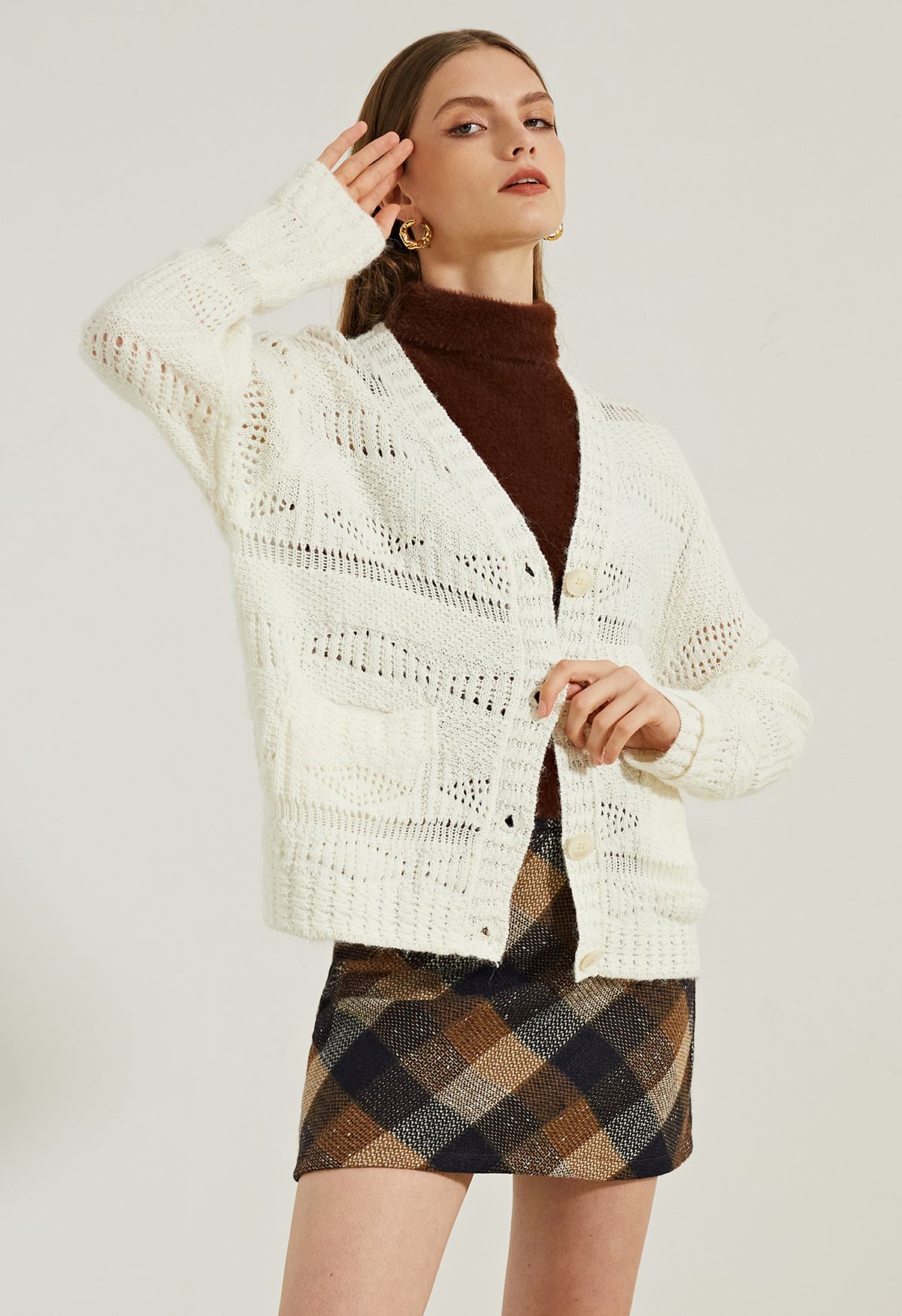 Button Down Openwork Knit Cardigan in Ivory