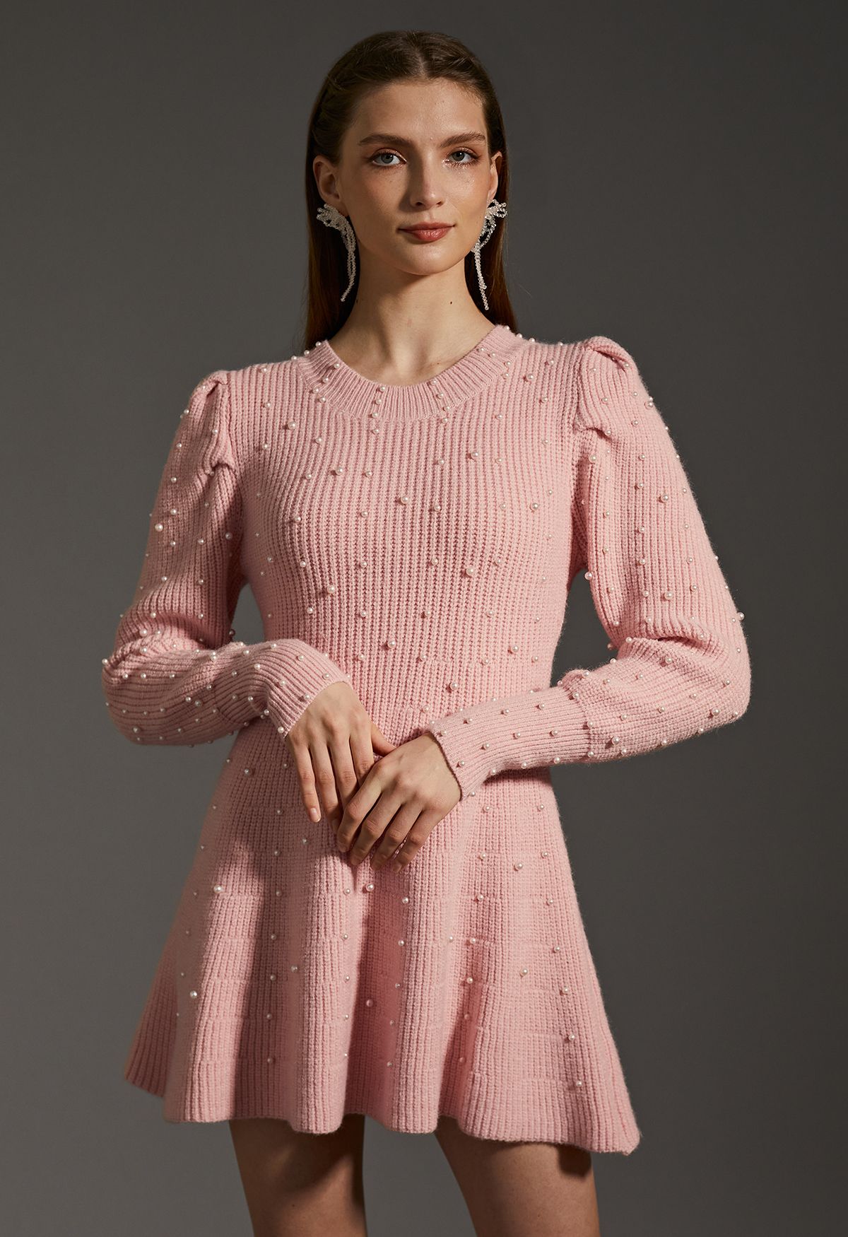 pink dress with pearls