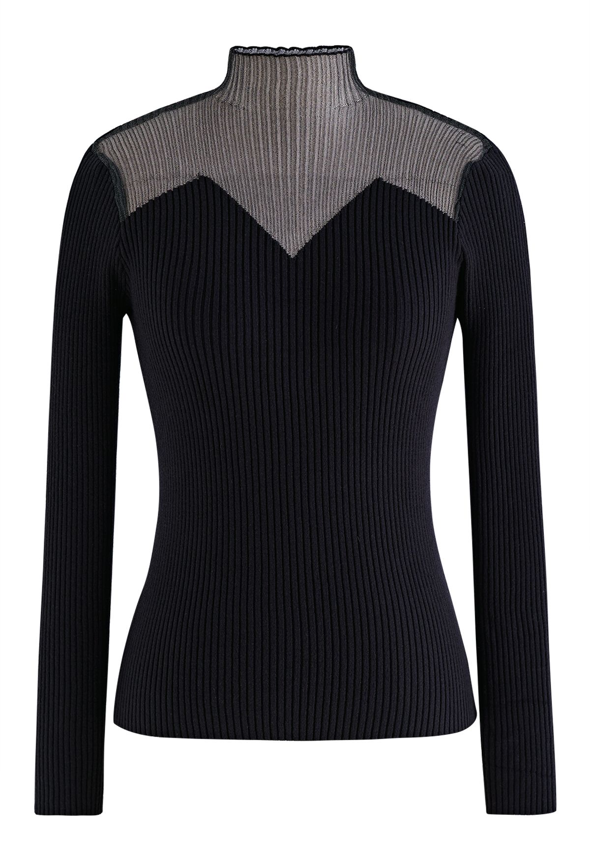 Mock Neck Zigzag Mesh Splicing Knit Top in Black - Retro, Indie and ...