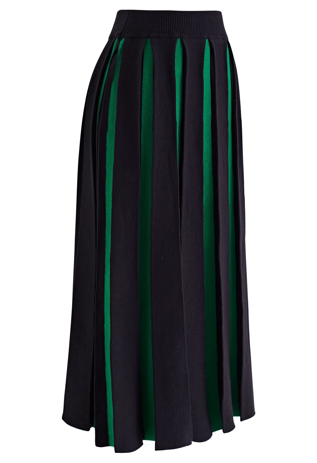 Bicolor Stripe Pleated Knit Midi Skirt