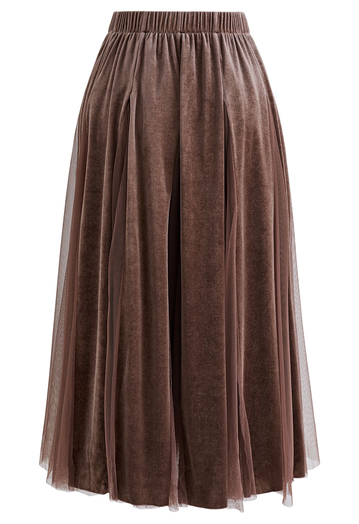 Mesh Velvet Panelled Midi Skirt in Brown