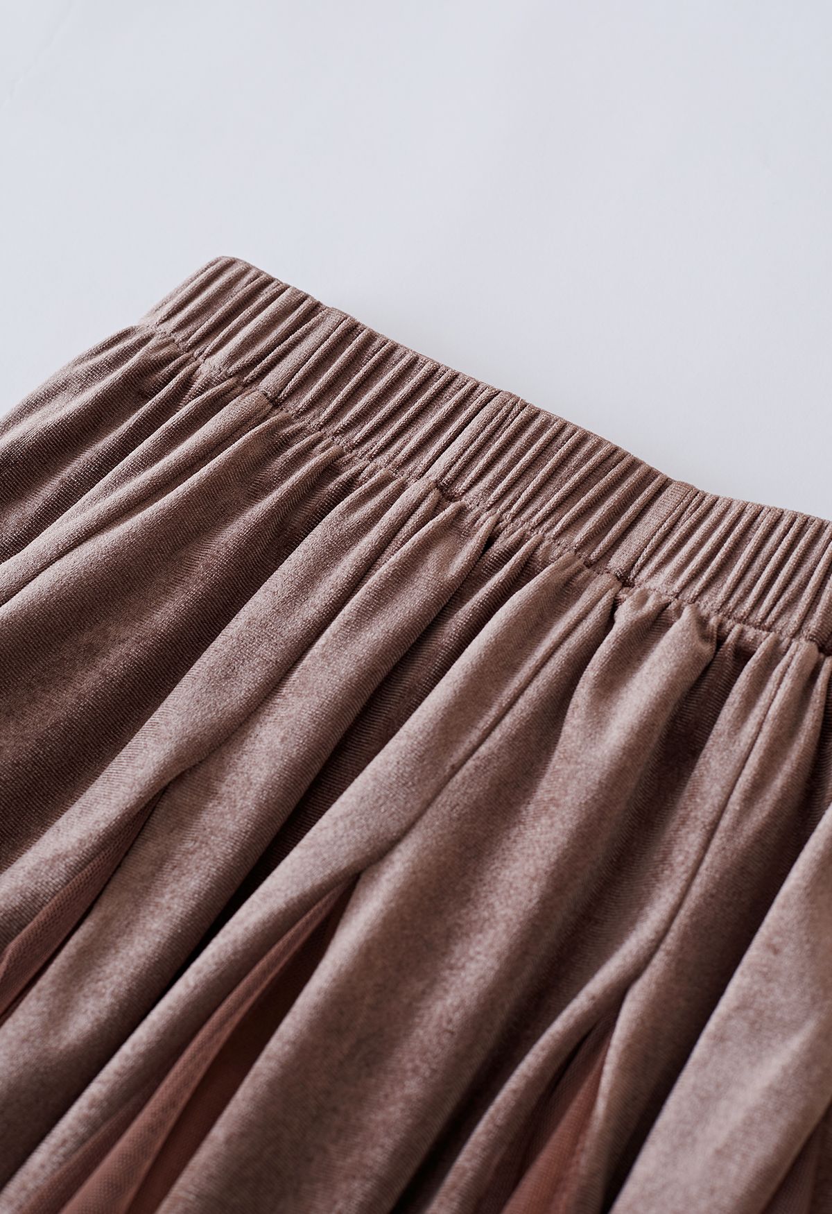 Mesh Velvet Panelled Midi Skirt in Brown