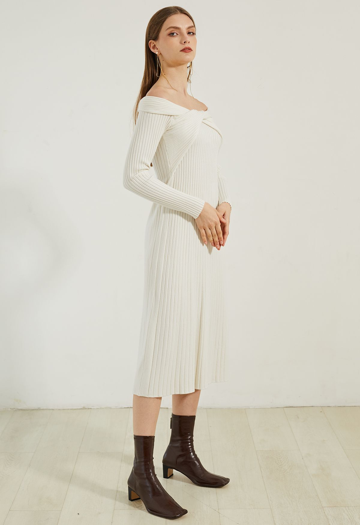 Twisted Off-Shoulder Ribbed Knit Dress in Ivory