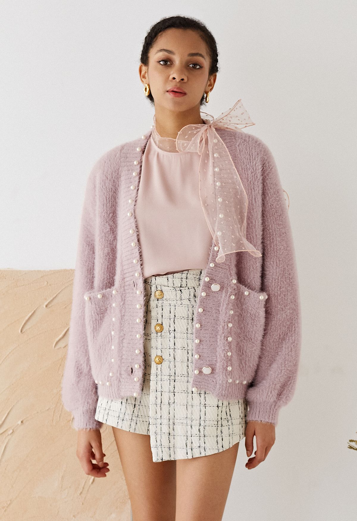 Pearls Trim Pocket Fuzzy Knit Cardigan in Dusty Pink - Retro, Indie and ...