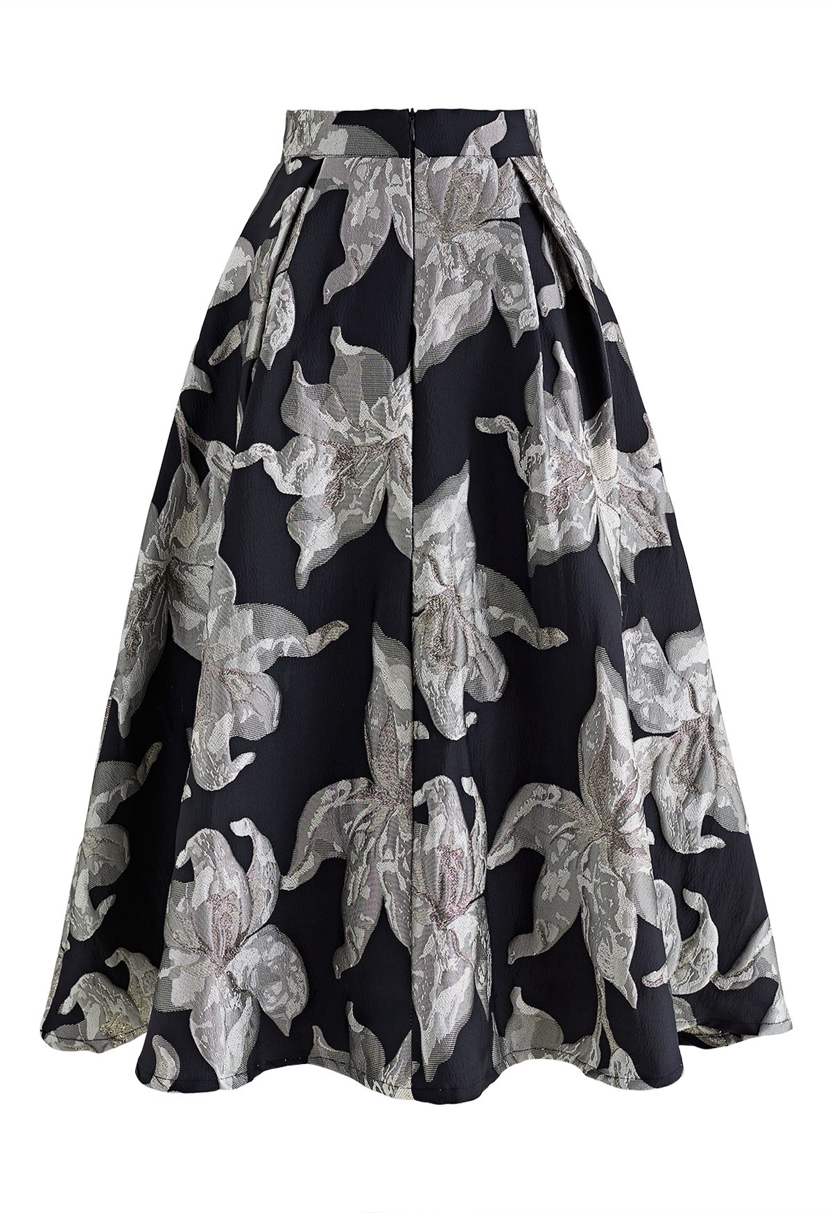 Lily Blossom Metallic Jacquard Midi Skirt in Silver - Retro, Indie and ...