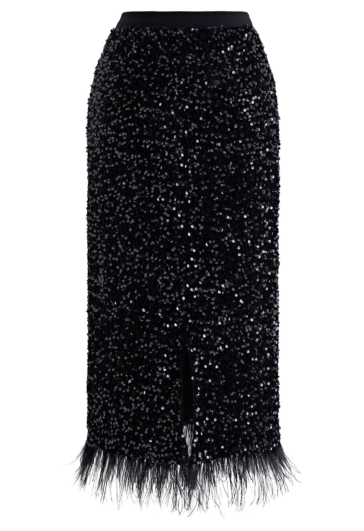 Velvet Sequined Feathered Hem Pencil Skirt in Black - Retro, Indie and ...